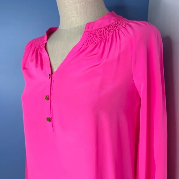 Lilly Pulitzer Elsa Top Hot Pink 100% Silk Smocked Blouse Gold Buttons XS - Picture 3 of 7